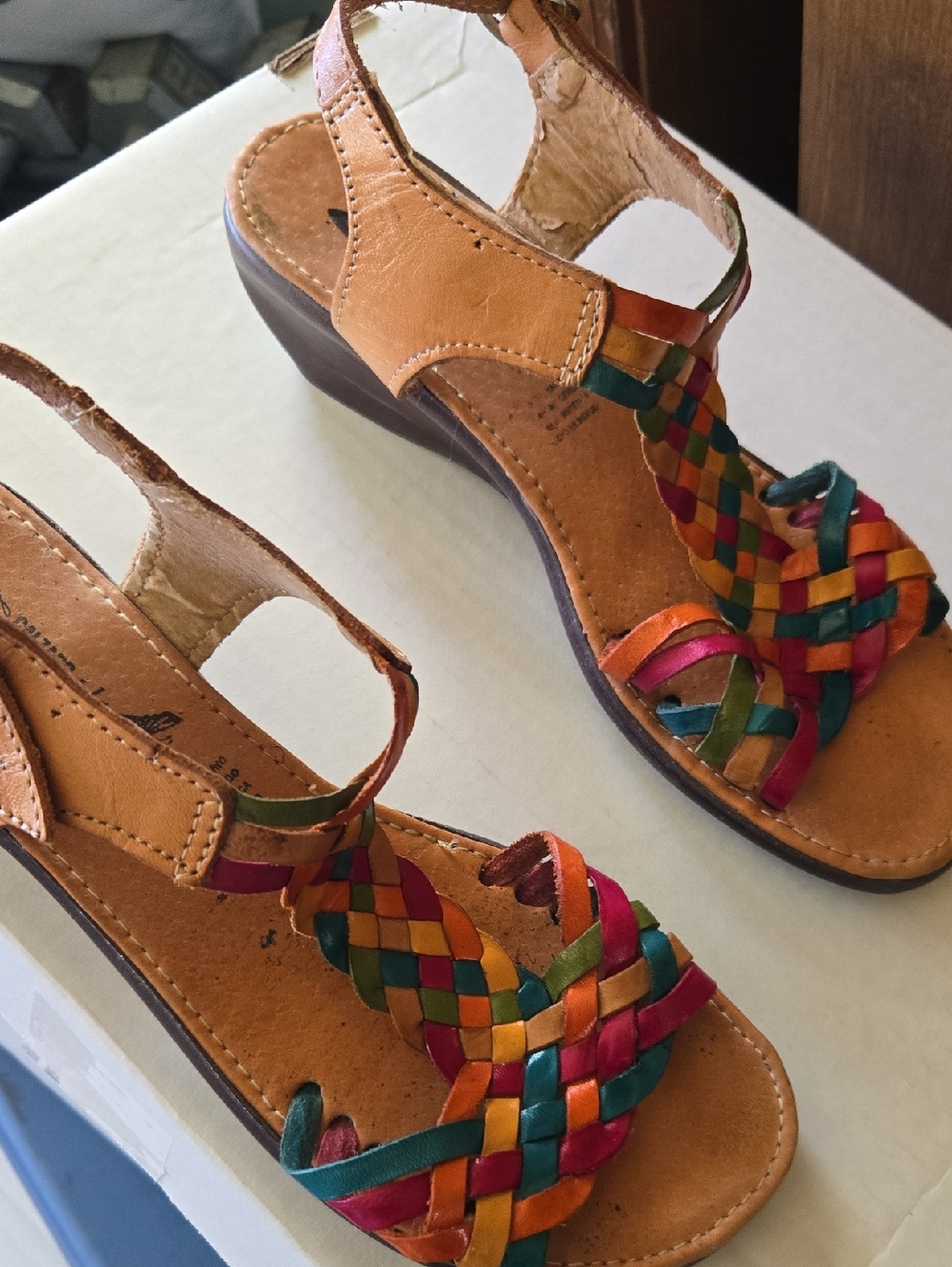 Mexican Multicolor Woven Leather Wedge Sandals - Women